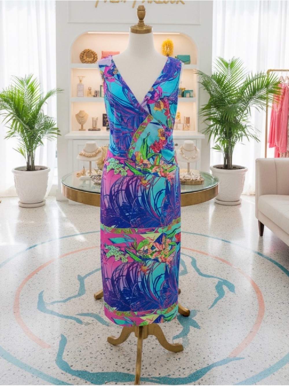 Chiara Boni La Petite Robe Tropical Print Dress Size 50 Stretch Italy Midi